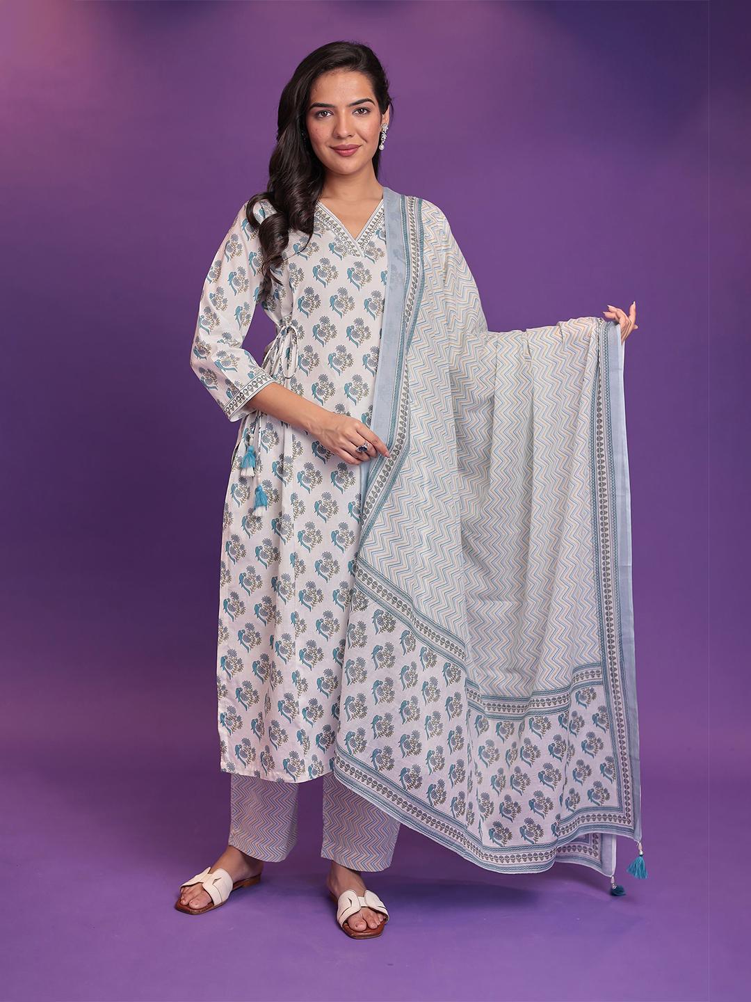 Women Floral embroidered White V-Neck pure cotton kurta with trouser & Dupatta