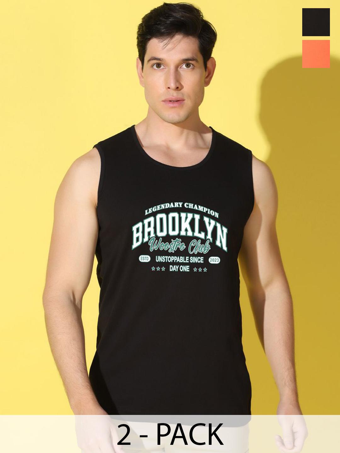 Buy WOOSTRO Pack Of 2 Printed Combo Cotton Gym Vests VWS26(BKLN BLACK)(PLAIN ORANGE) -  - Apparel for Men