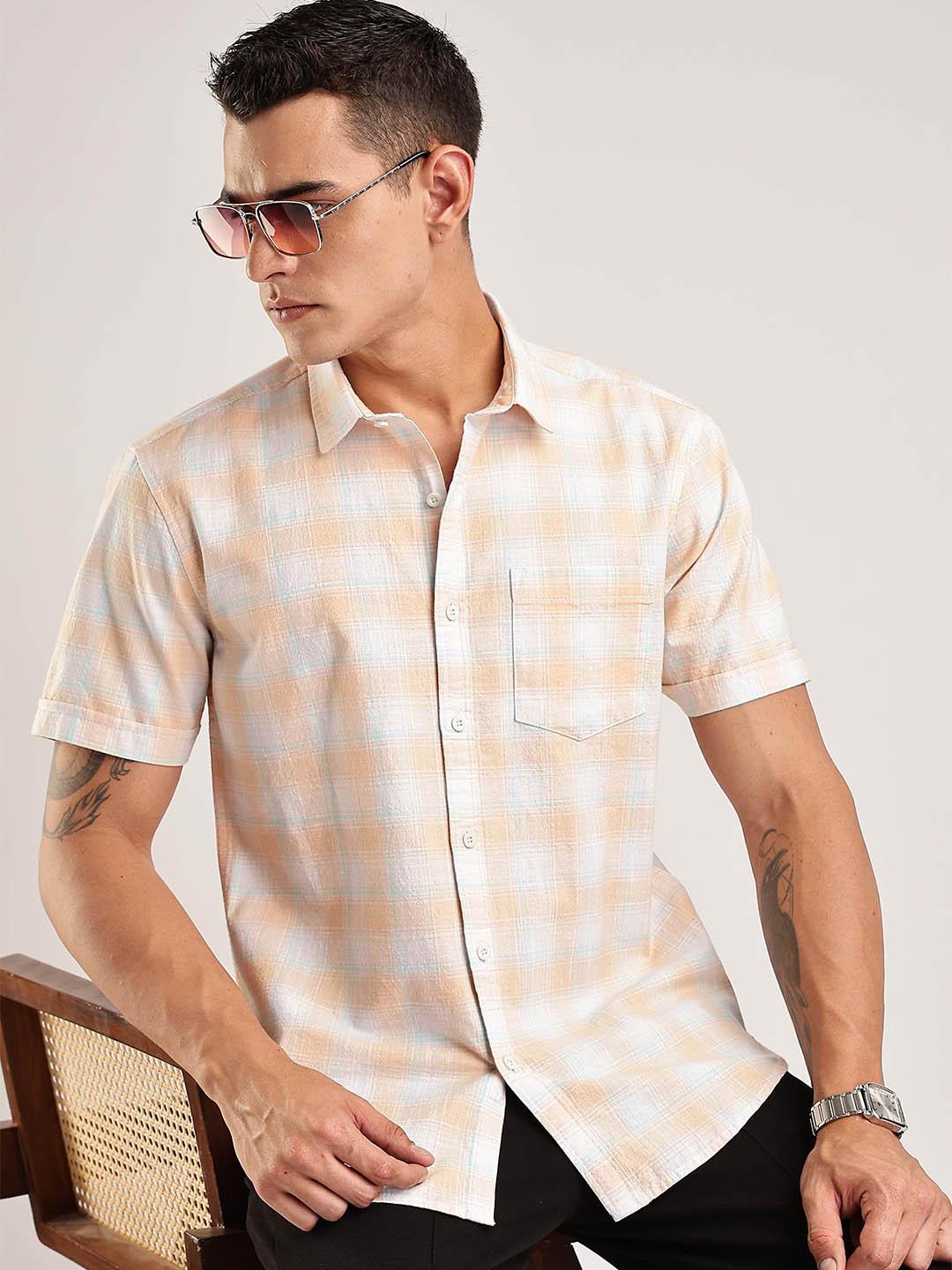 HERE&NOW Men Checked Spread Collar Cotton Casual Shirt