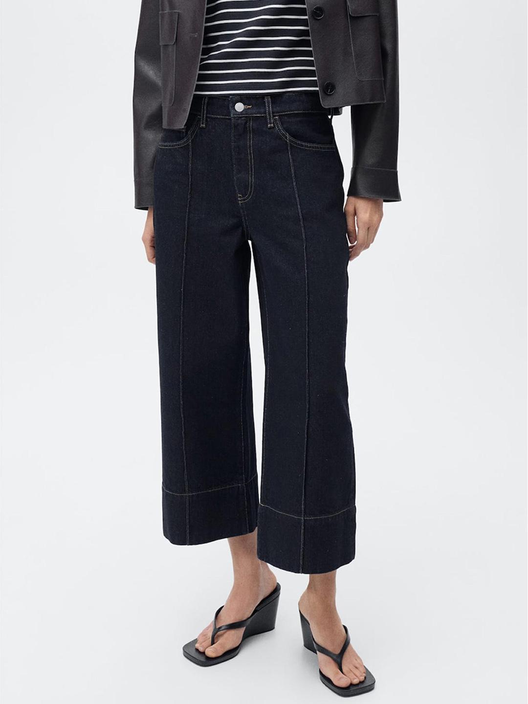 MANGO Women Mid-Rise Pure Cotton Cropped Wide Leg Jeans with Front Seams