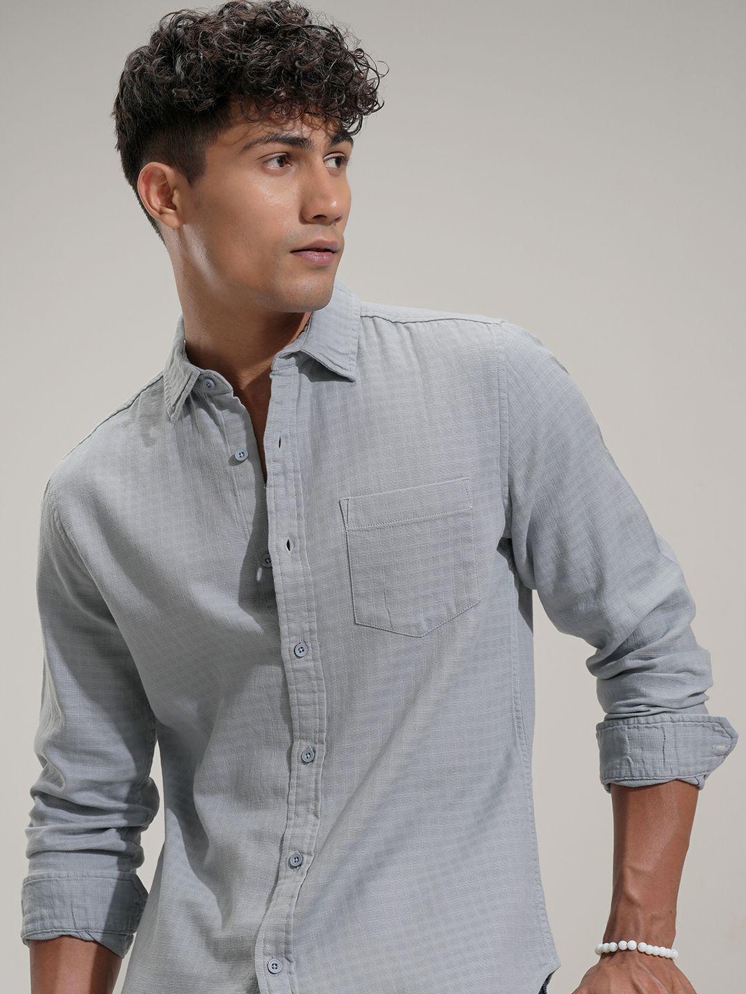 HIGHLANDER Men Comfort Fit Textured Spread Collar Cotton Casual Regular Fit Shirt