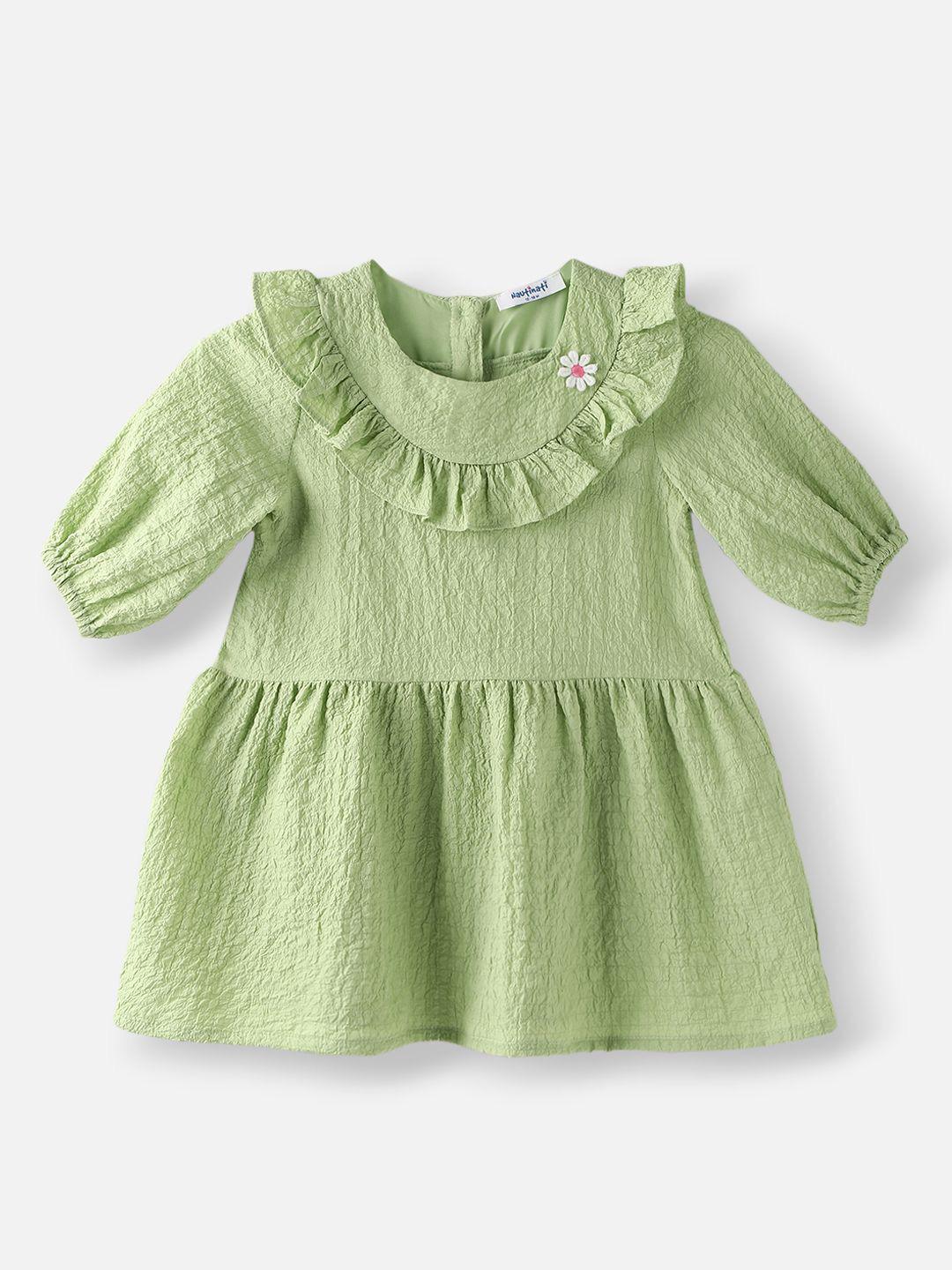 Buy Nauti Nati Girls Green Cotton Crepe Dress With Floral Brooch ...