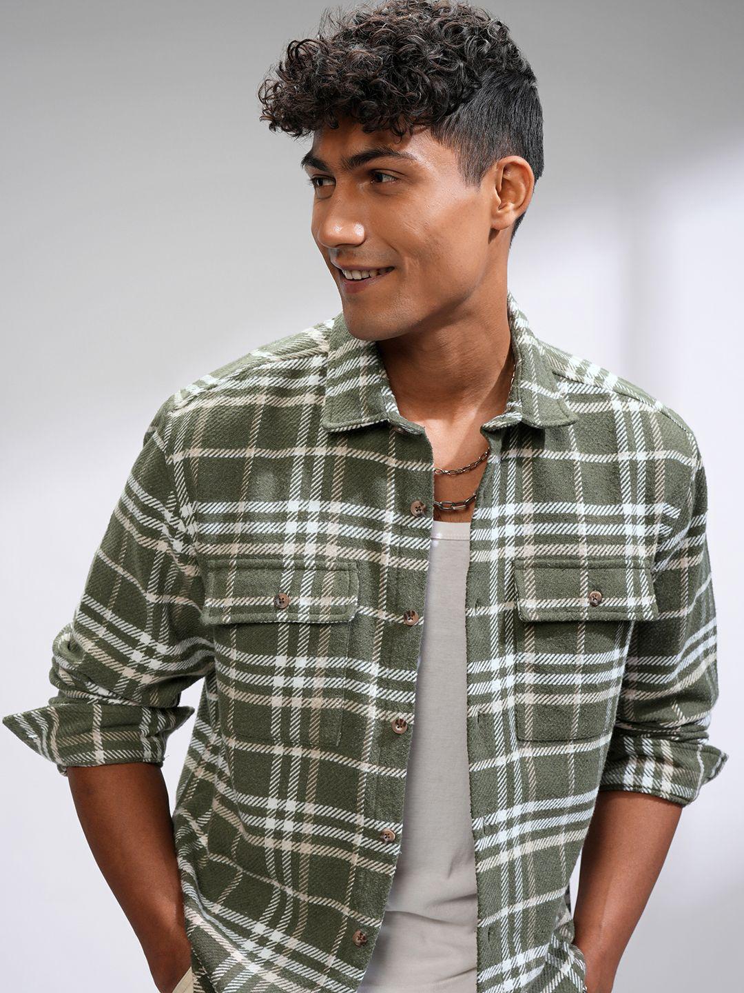 HIGHLANDER Men Comfort Relaxed Fit Cutaway Collar Tartan Checked Cotton Casual Shirt