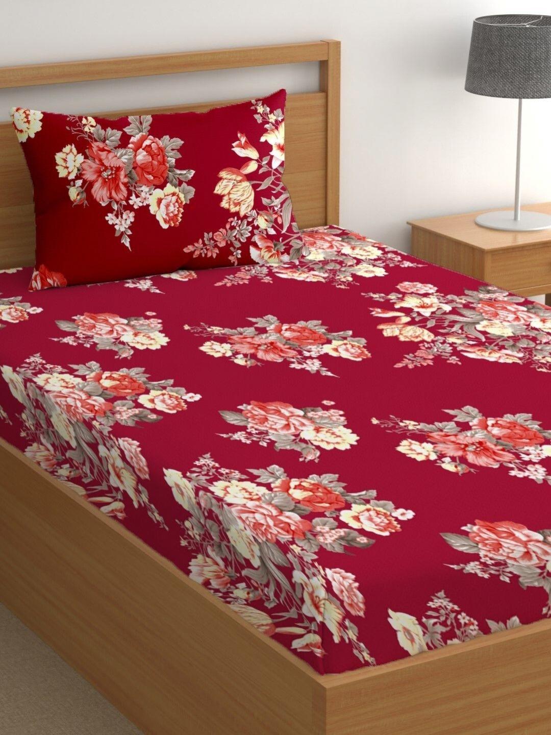 Buy CG HOMES All Seasons Red Floral Pure Cotton 180 TC Single Fine Bedsheet With A Pillow Cover 215 X 150 Cm - - Home for Unisex