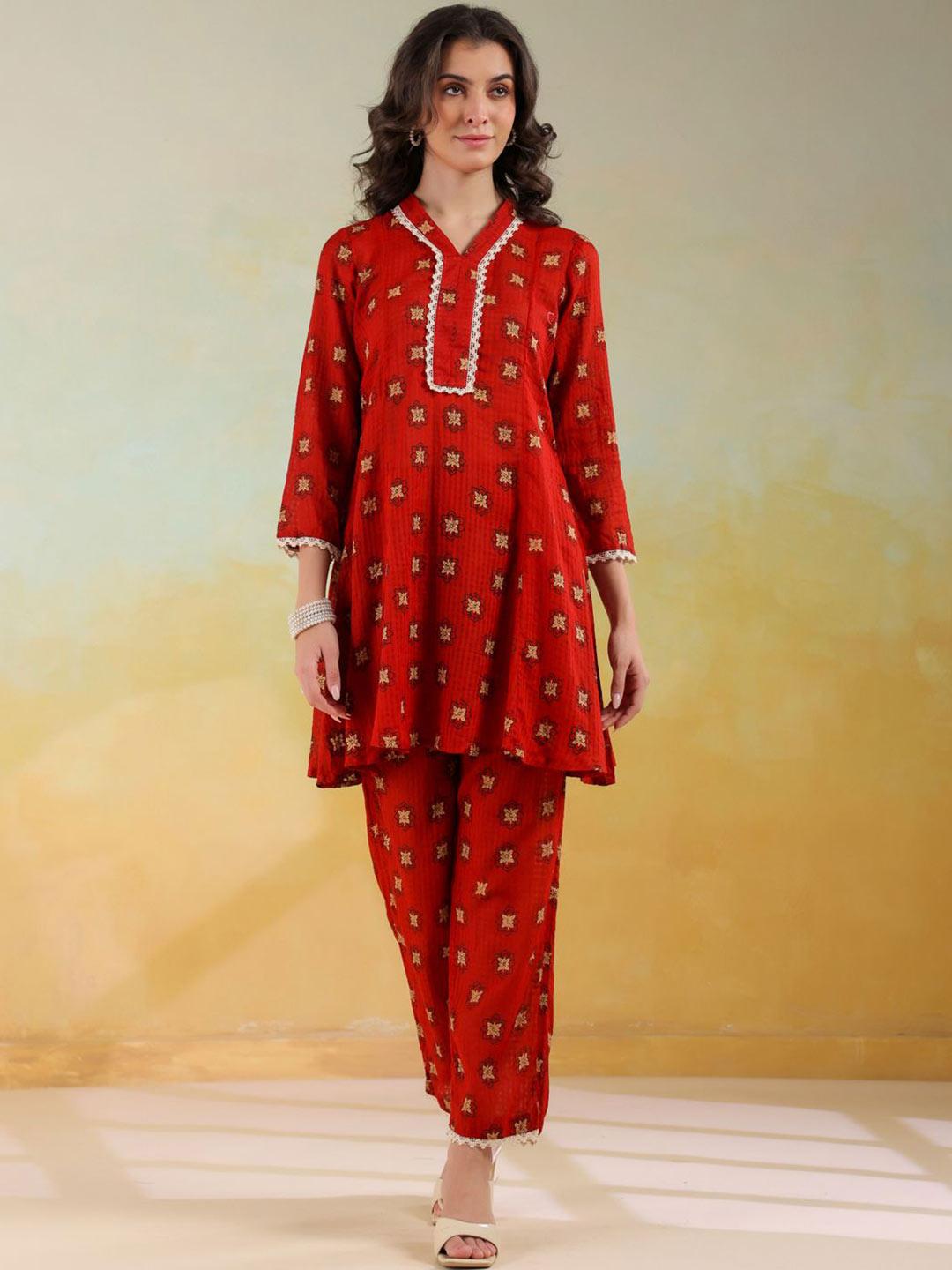 Buy SANSKRUTIHOMES Women Red V Neck Pure Cotton Printed Co Ords Set -  - Apparel for Women