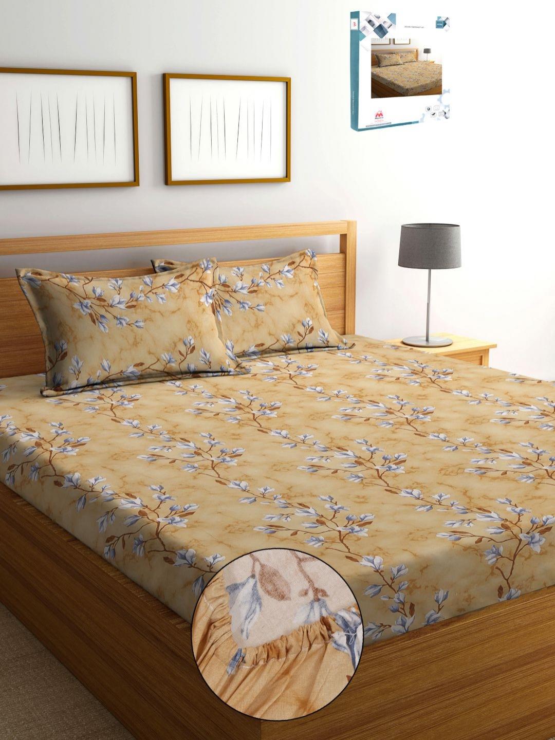Buy Myntra Elegant Homes Brown Floral Pure Cotton 400TC Fitted King Bedsheet & 2 Pillow Covers - - Home for Unisex