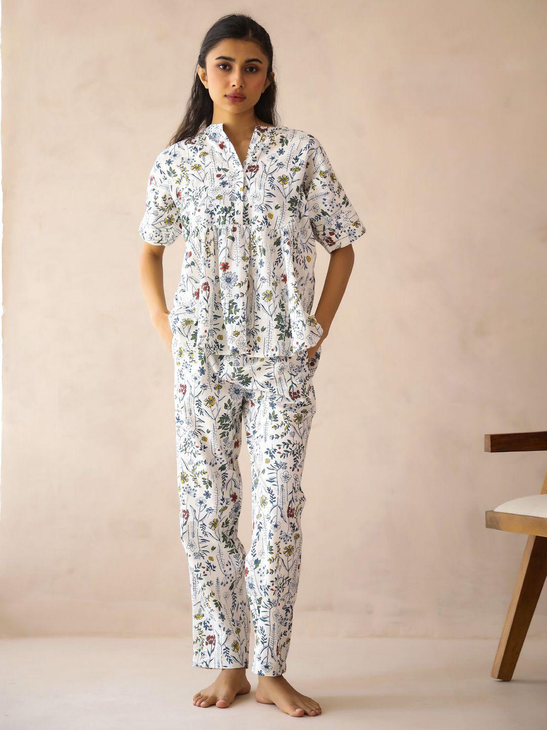 Buy SANSKRUTIHOMES Teal Printed Pure Cotton Top With Trouser Co Ords -  - Apparel for Women