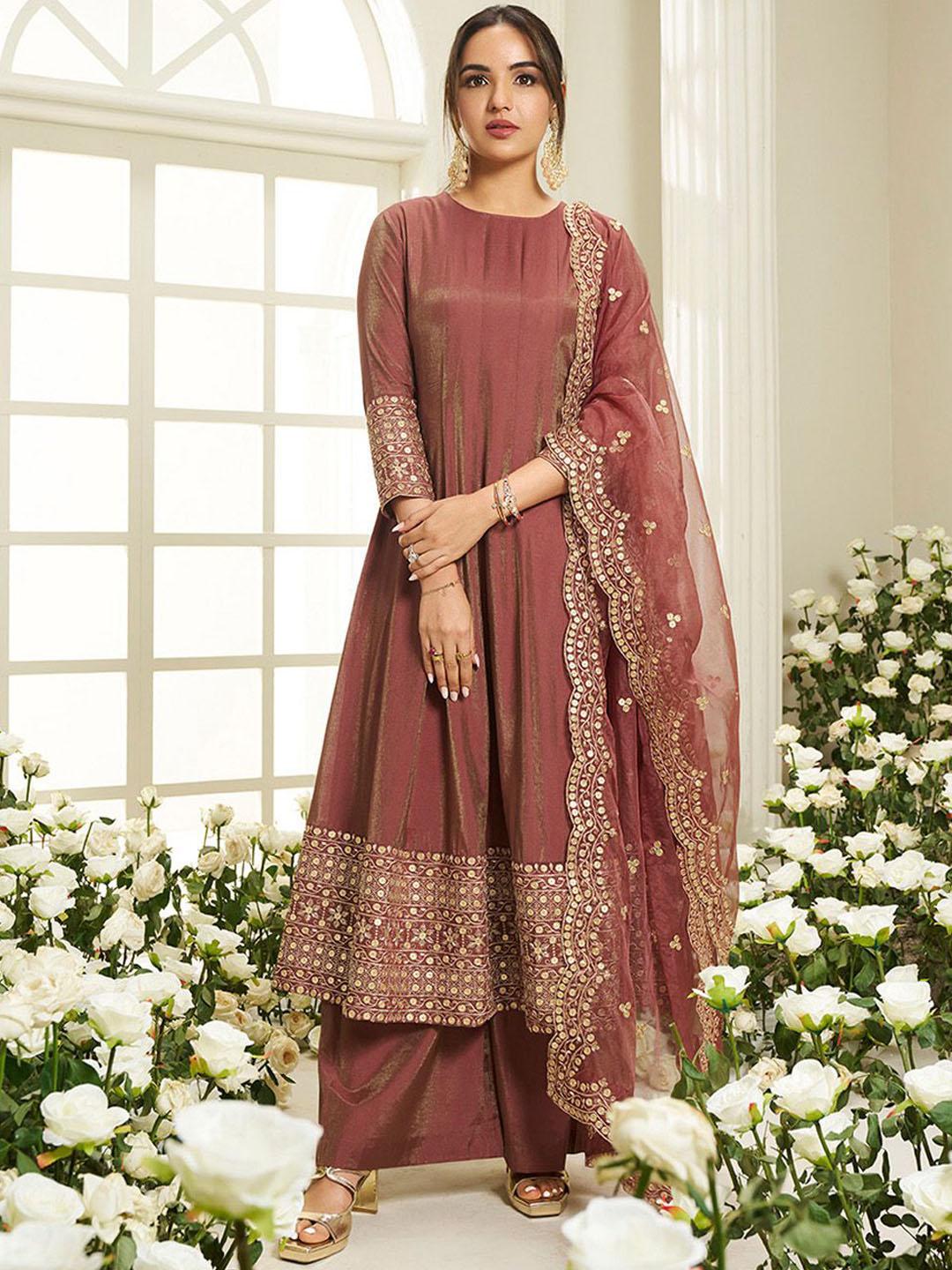 Buy Inddus Floral Yoke Design Sequinned Anarkali Kurta With Palazzos & Dupatta - - Apparel for Women