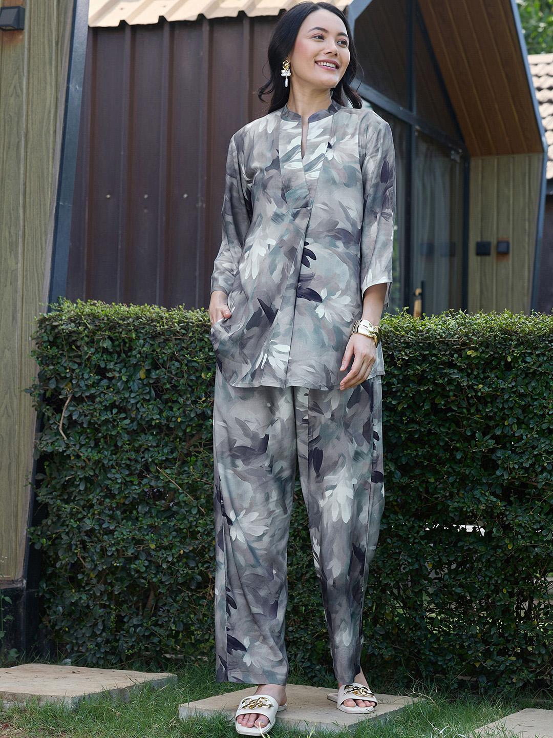 Buy Zeyo Printed V Neck Top With Trousers Co Ords Set -  - Apparel for Women