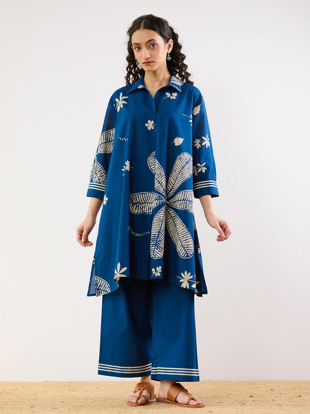 Buy Rustorange Indigo Plumeria Printed Pure Cotton Tunic With Palazzo Co Ords -  - Apparel for Women