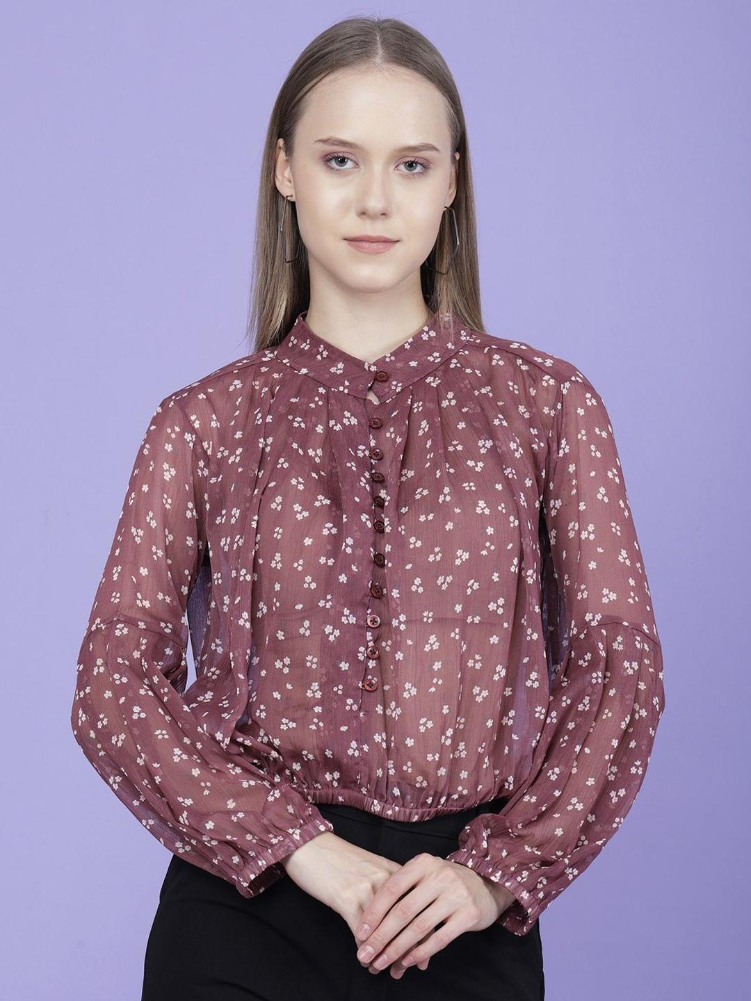 Women's Blue Floral Printed Mandarin Collar Crepe Top