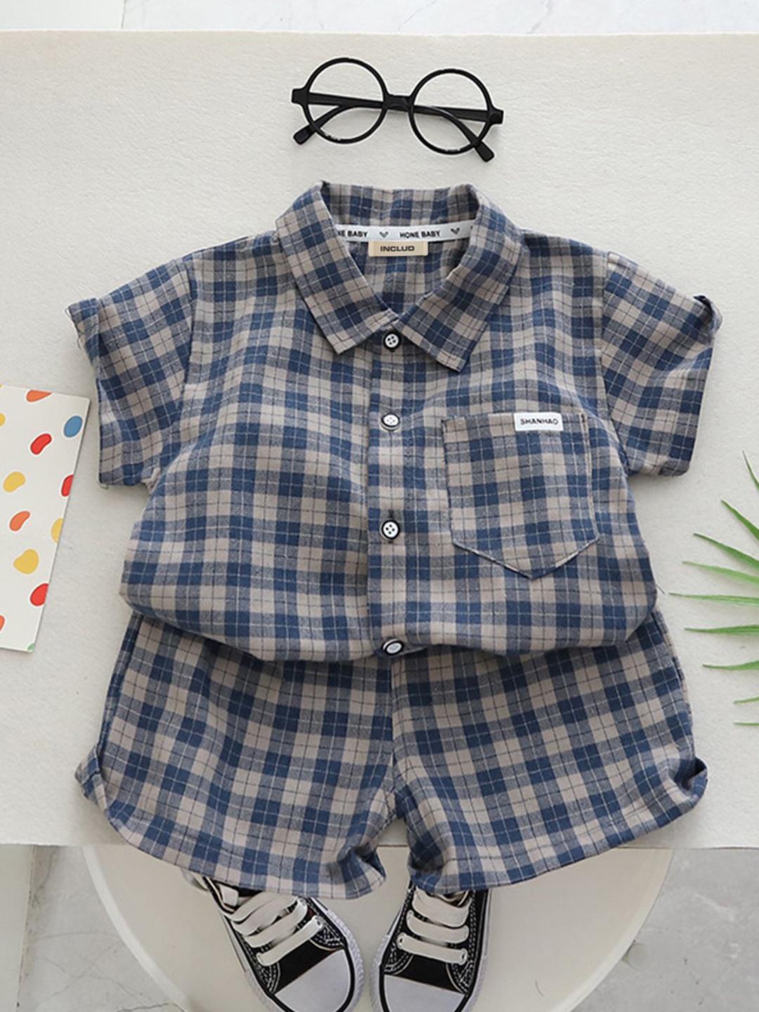 Buy INCLUD Boys Blue Checked Short Sleeves Shirt With Shorts Clothing Set -  - Apparel for Boys