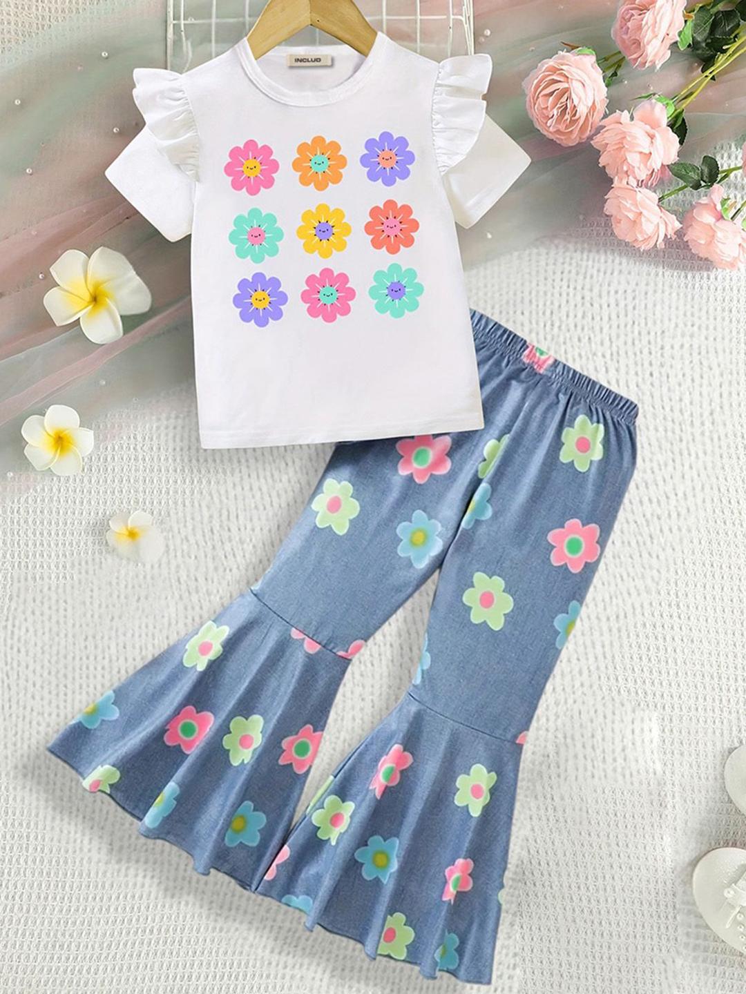 Buy INCLUD Off Floral Printed T Shirt With Trousers -  - Apparel for Girls
