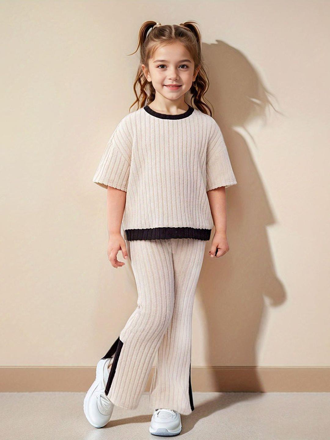 Buy INCLUD Girls Striped Self Design T Shirt With Trousers Clothing Set -  - Apparel for Girls