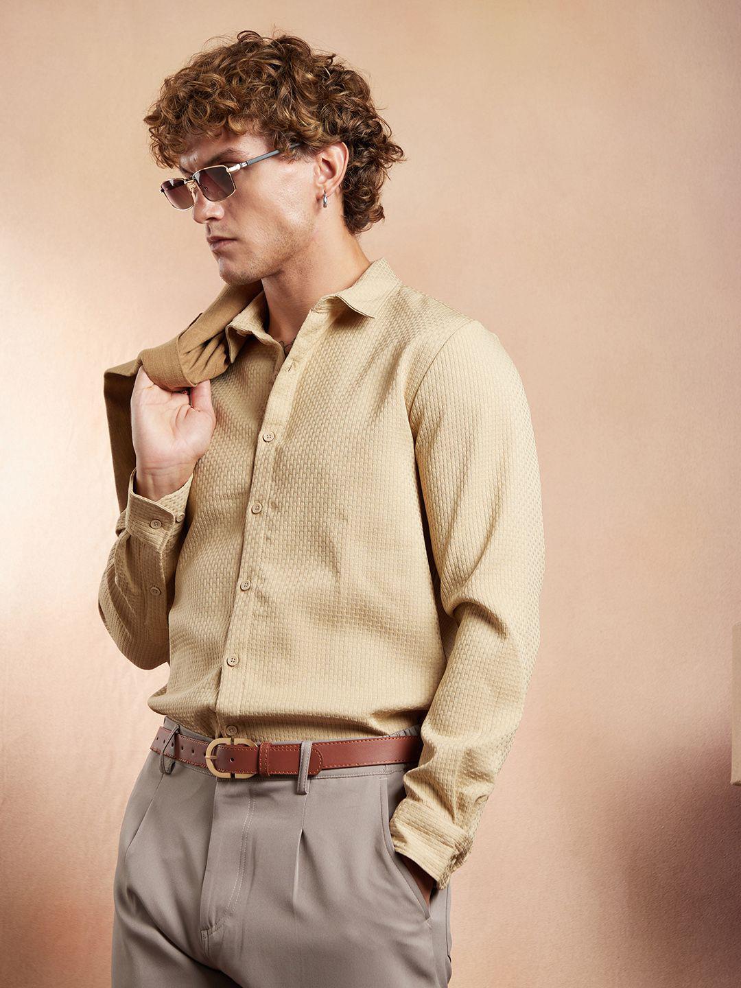Campus Sutra Textured Spread Collar Comfort Cotton Casual Shirt