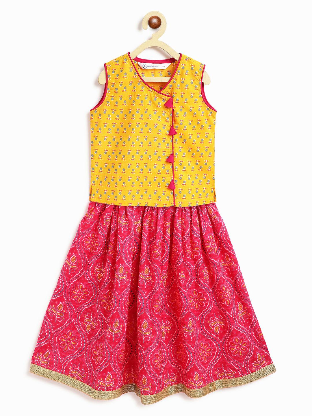 Campana Girls Heera Lehenga Set - Floral Paisley Print - Green & Purple
