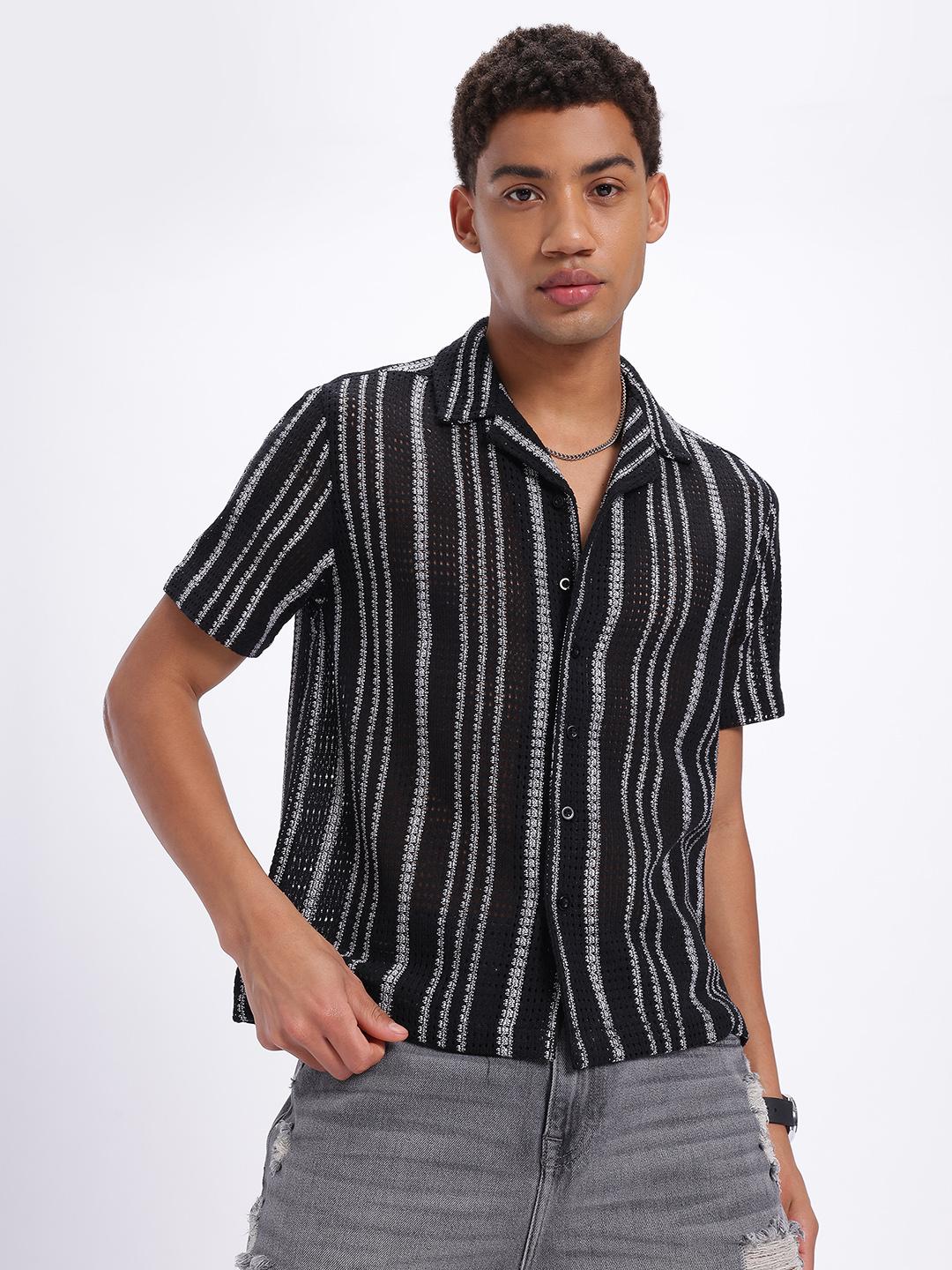 glitchez Open Knit Crochet Striped Shirt