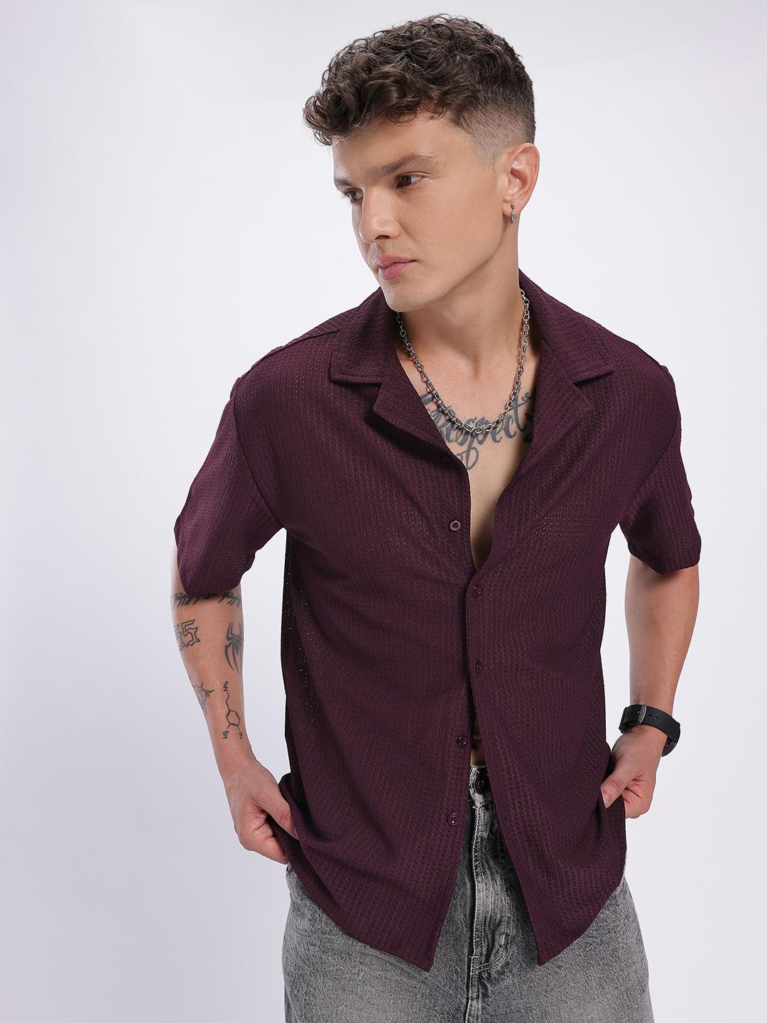 glitchez Open-Knit Semi Sheer Casual Relaxed Fit Shirt