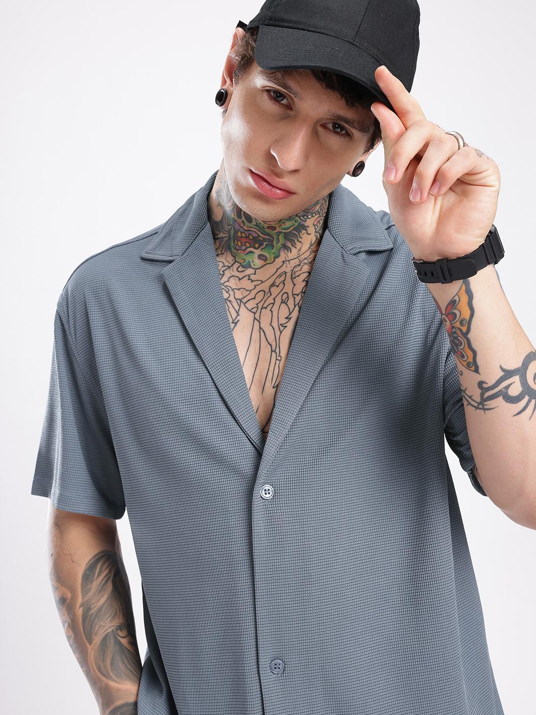 glitchez Notched Lapel Collar Self Checked Oversized Fit Shirt