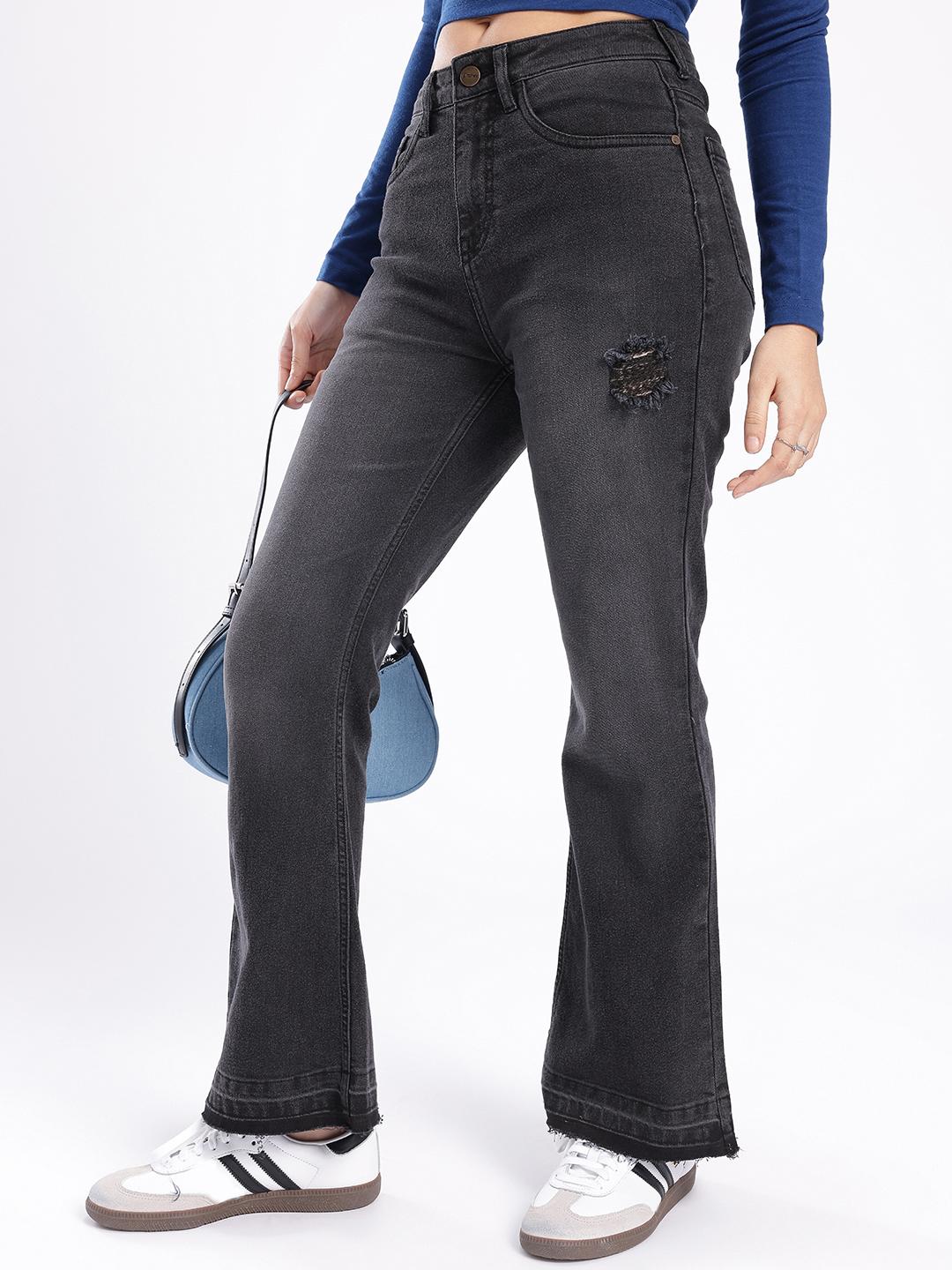 glitchez Women Slim Bootcut Fit High-Rise Mildly Distressed Light Fade Jeans