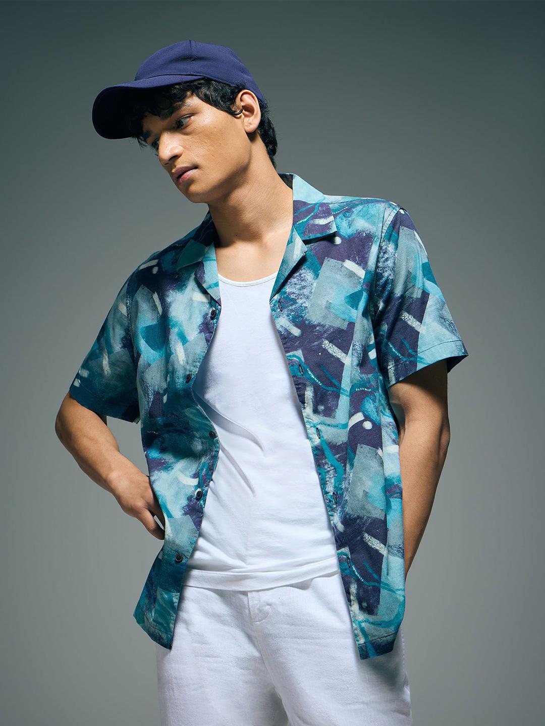 Flying Machine Men Abstract Printed Cuban Collar Cotton Casual Shirt