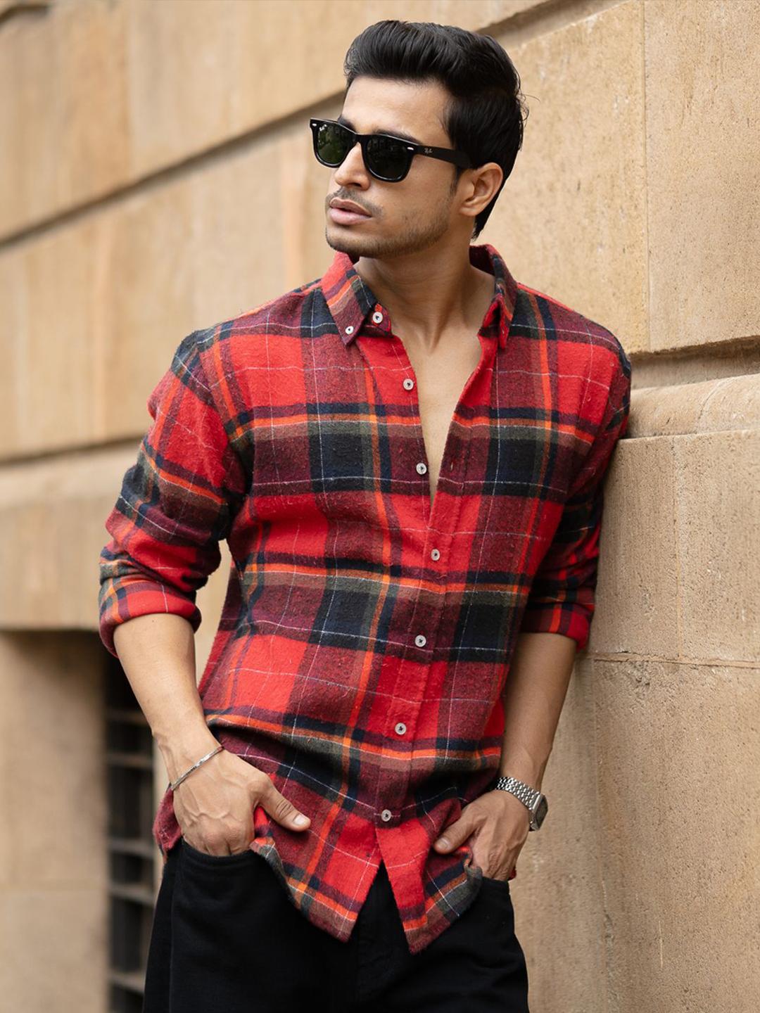 Powerlook Men Tartan Checked Button-Down Collar Casual Shirt