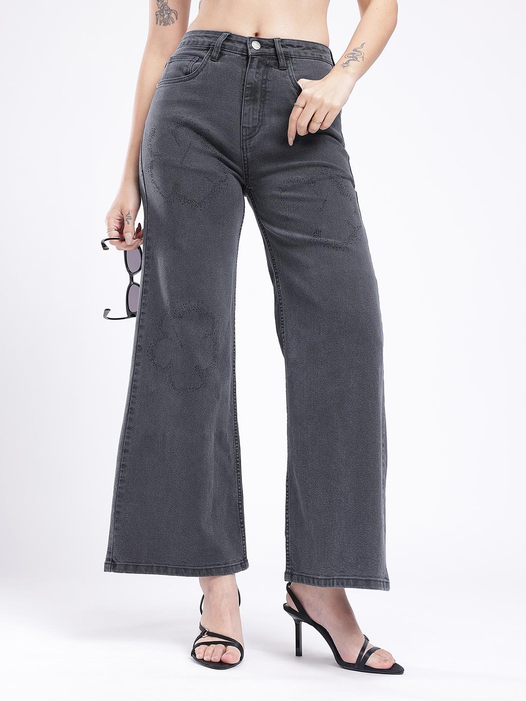 glitchez Women Wide Leg Stone Embellished Jeans