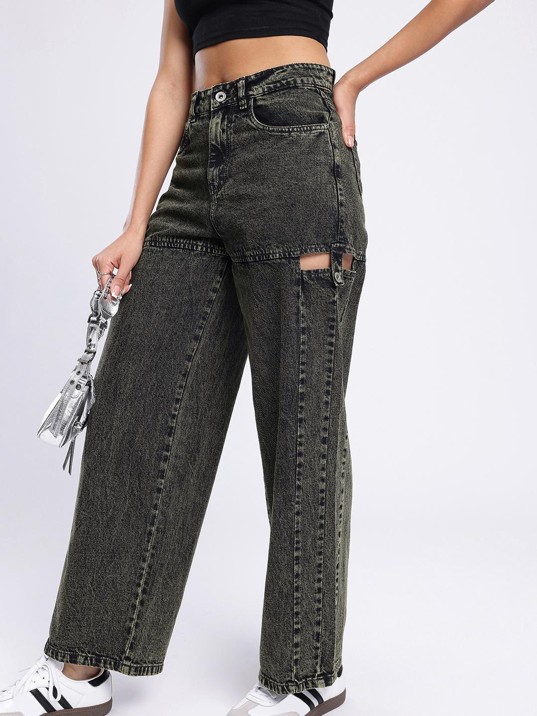 glitchez Women Cut Out Detail Baggy Fit High-Rise Light Fade Jeans