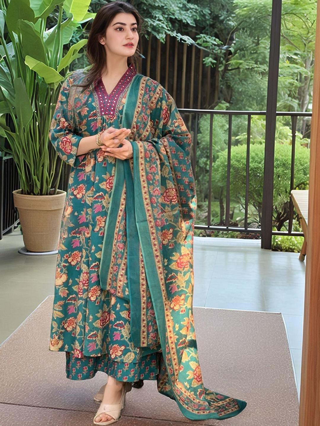 Women Multi Floral Printed Flared Kurta With Palazzo Dupatta