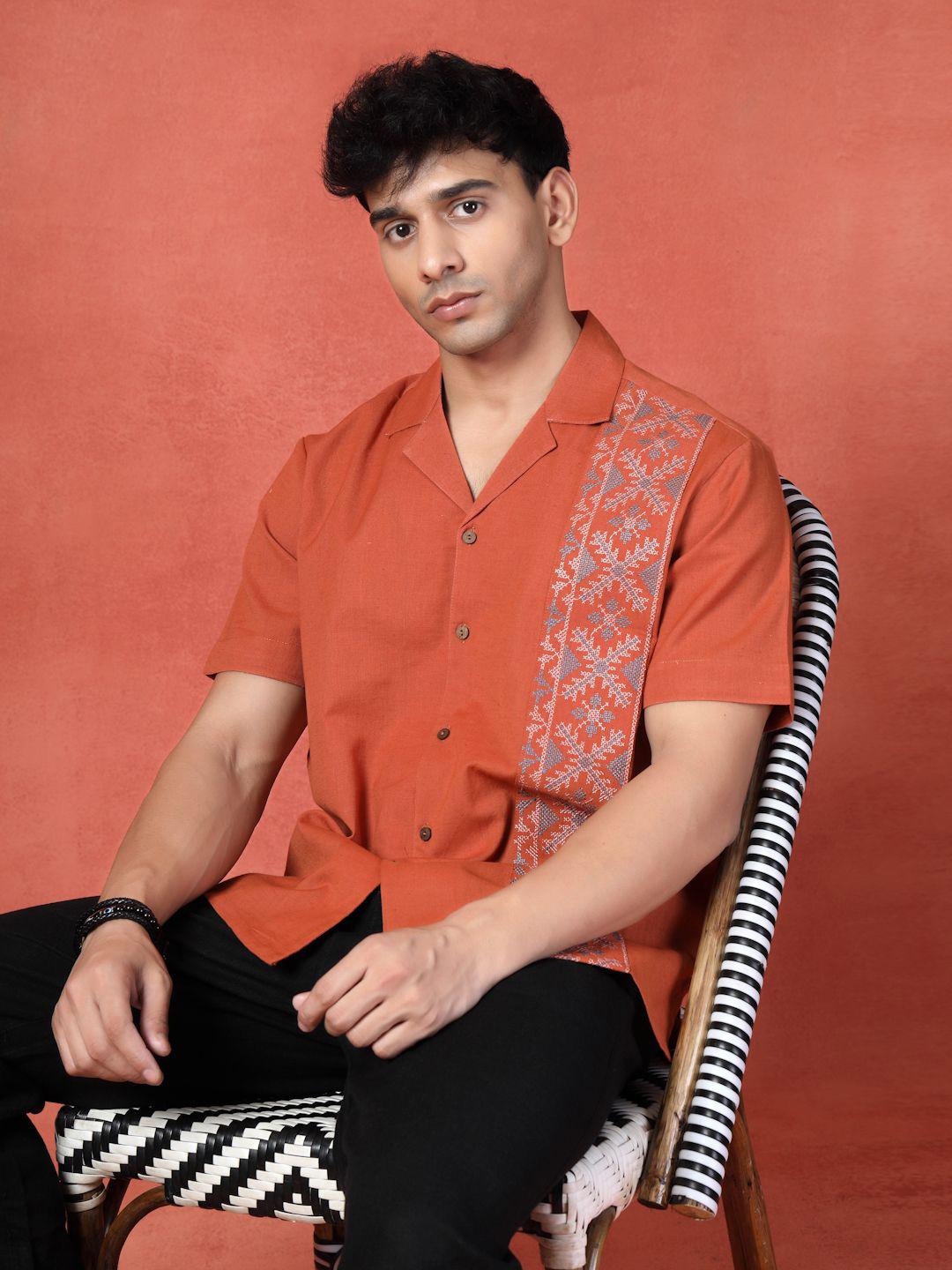 Sangria Embroidered Cotton Cubans Collar Shirt
