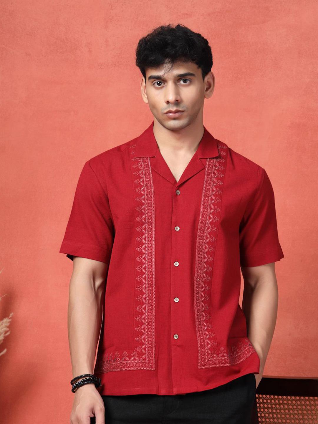 Sangria Embroidered Cotton Cubans Collar Shirt