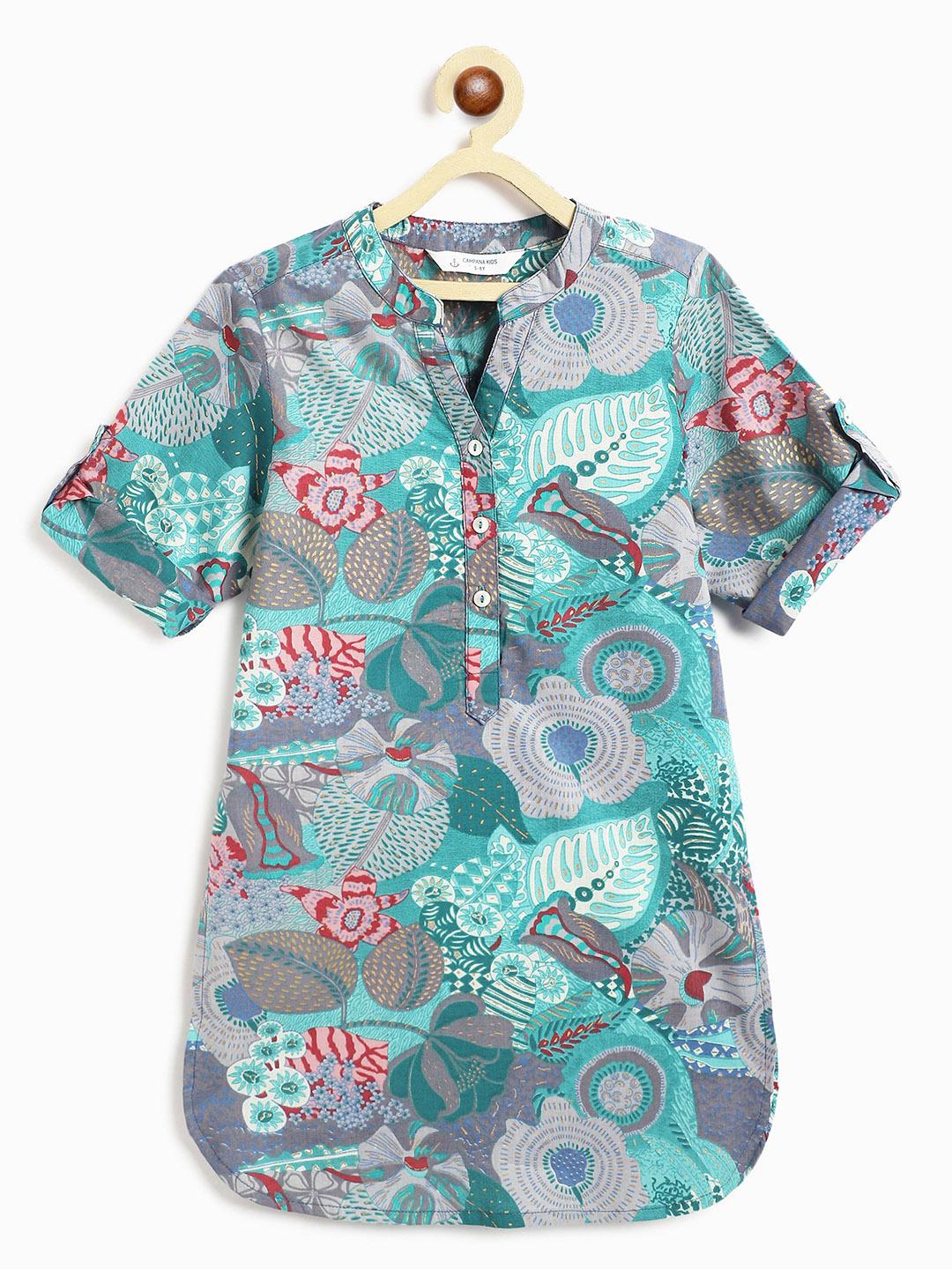 Campana Girls Nihira Floral Printed Kurta Pants Set - Lime & Turquoise Blue