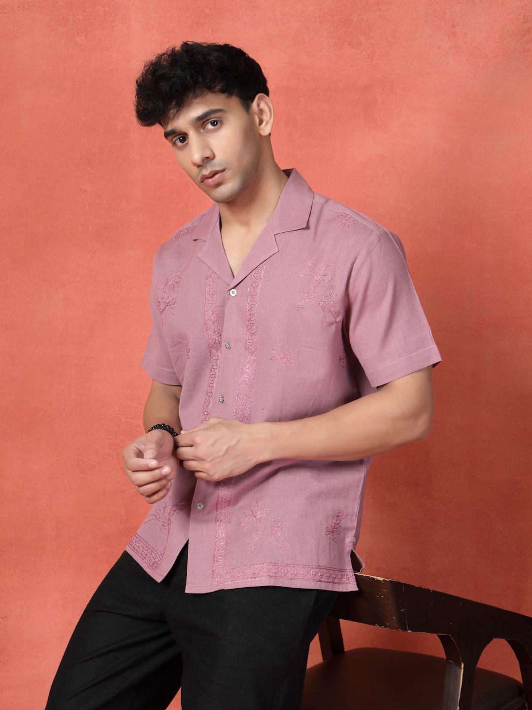Sangria Embroidered Cotton Cubans Collar Shirt