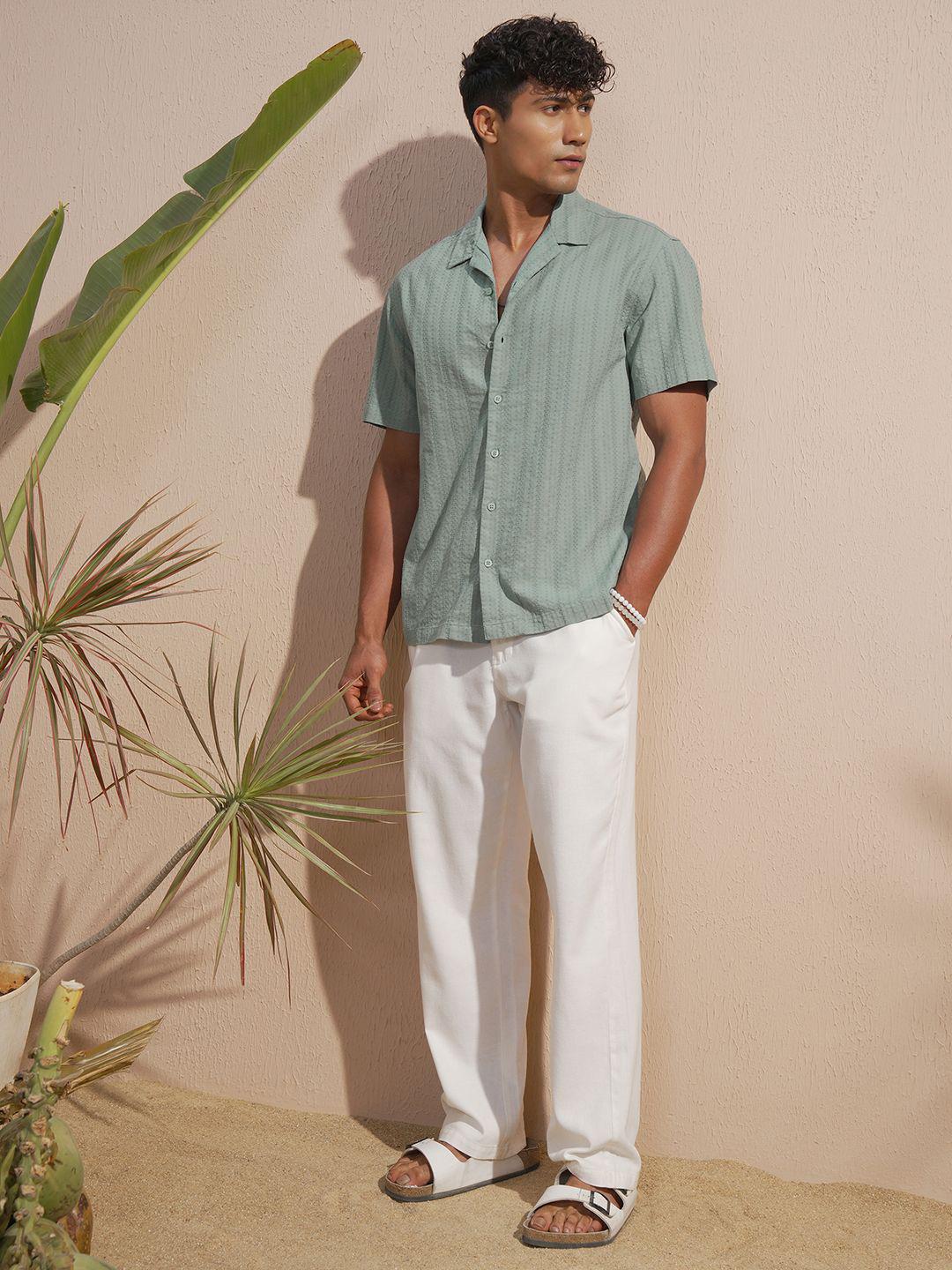HIGHLANDER Textured Spread Collar Cotton Oversized Shirt
