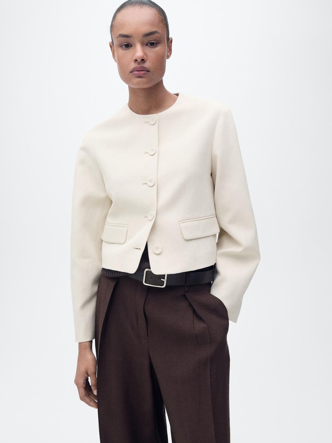 MANGO Collarless Tailored Crop Jacket