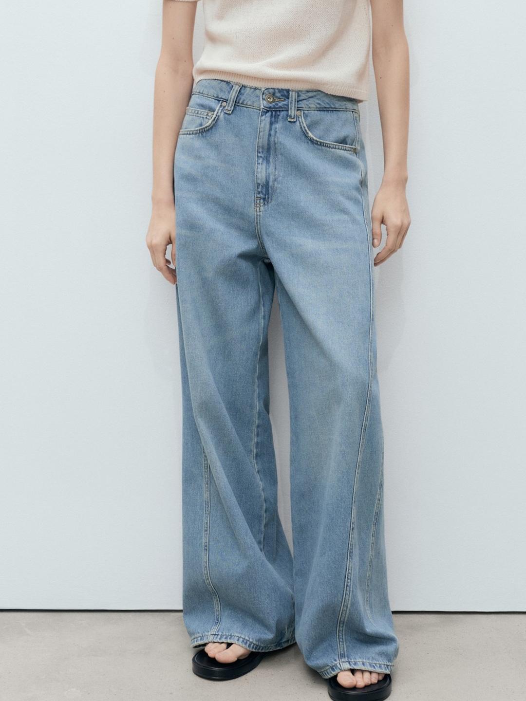 MANGO Women Mid-Rise Pure Cotton Light Fade Wide Leg Jeans