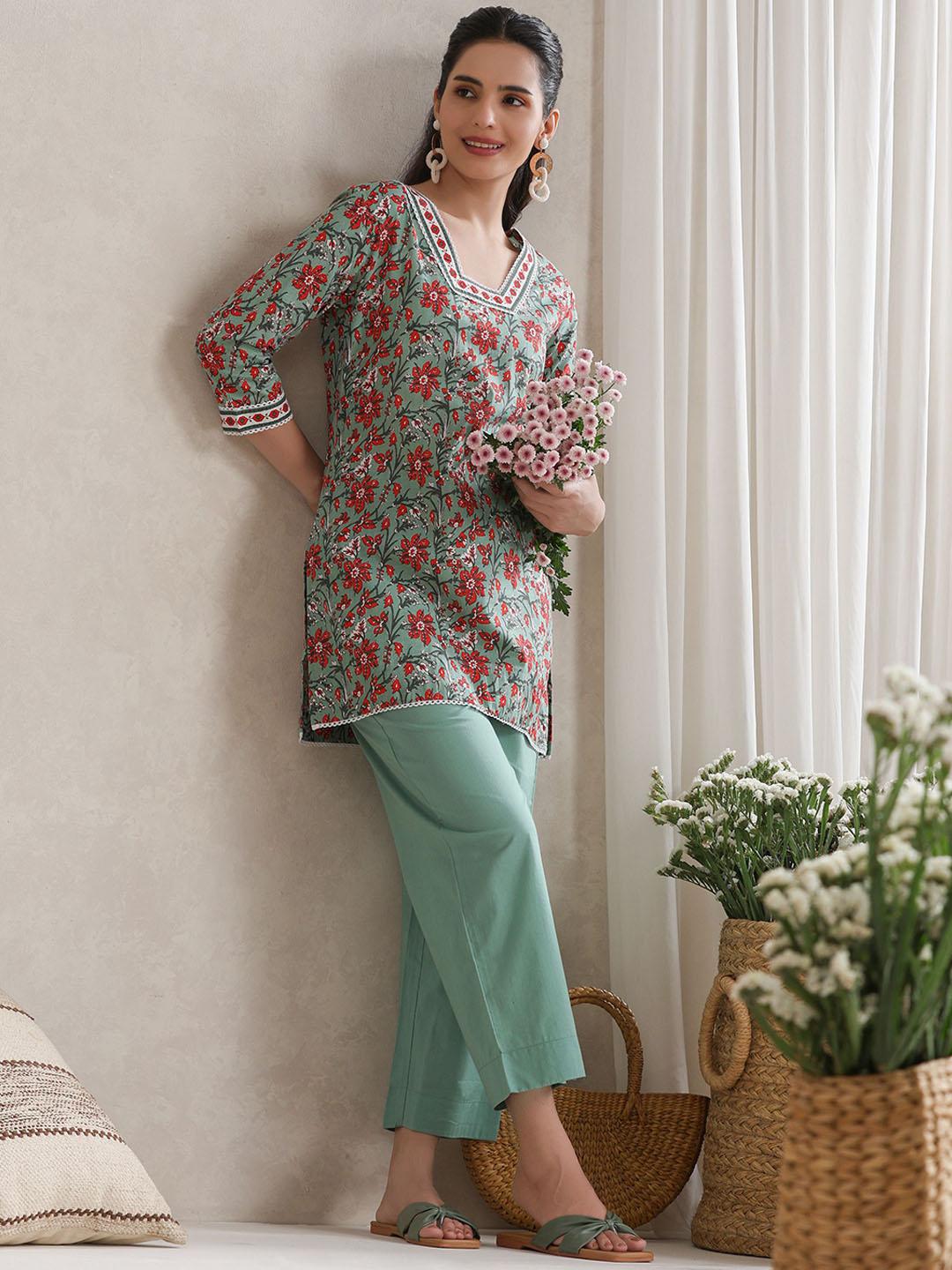 Buy Khushal K Floral Printed Cotton V Neck Tunic With Trouser Co Ords -  - Apparel for Women
