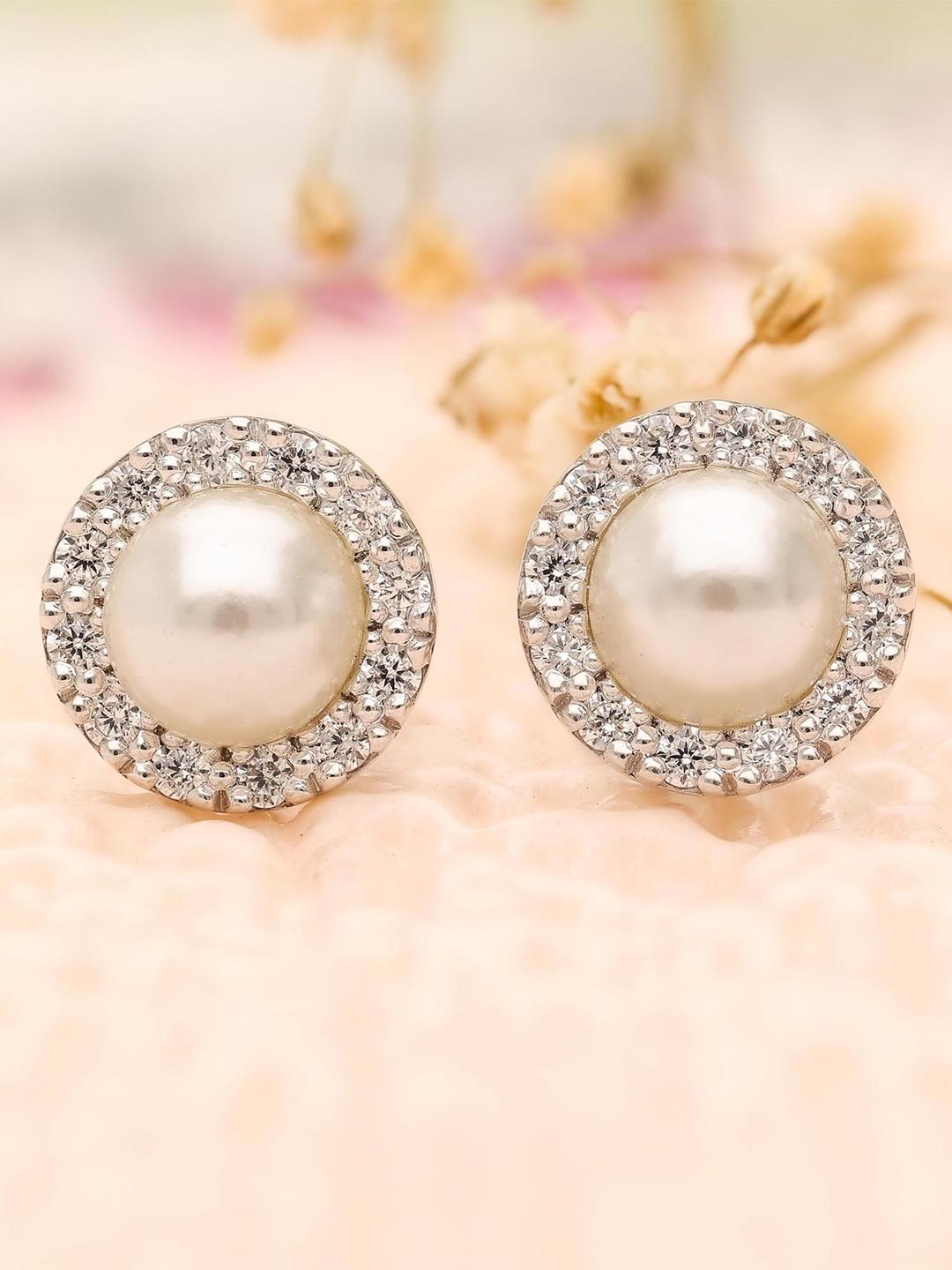Buy AMONROO 925 Sterling Silver Rhodium Plated Circular Shaped Pearl Studs -  - Accessories for Women