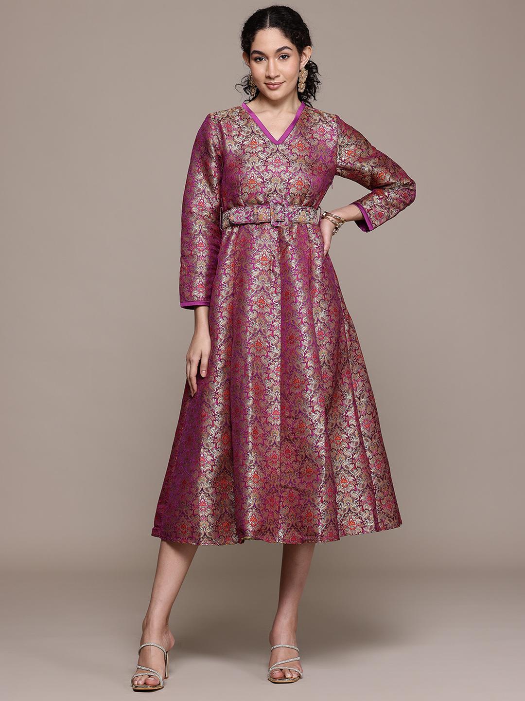 Buy Aarke Ritu Kumar Ethnic Motifs Print Brocade Fit & Flare Midi Dress ...