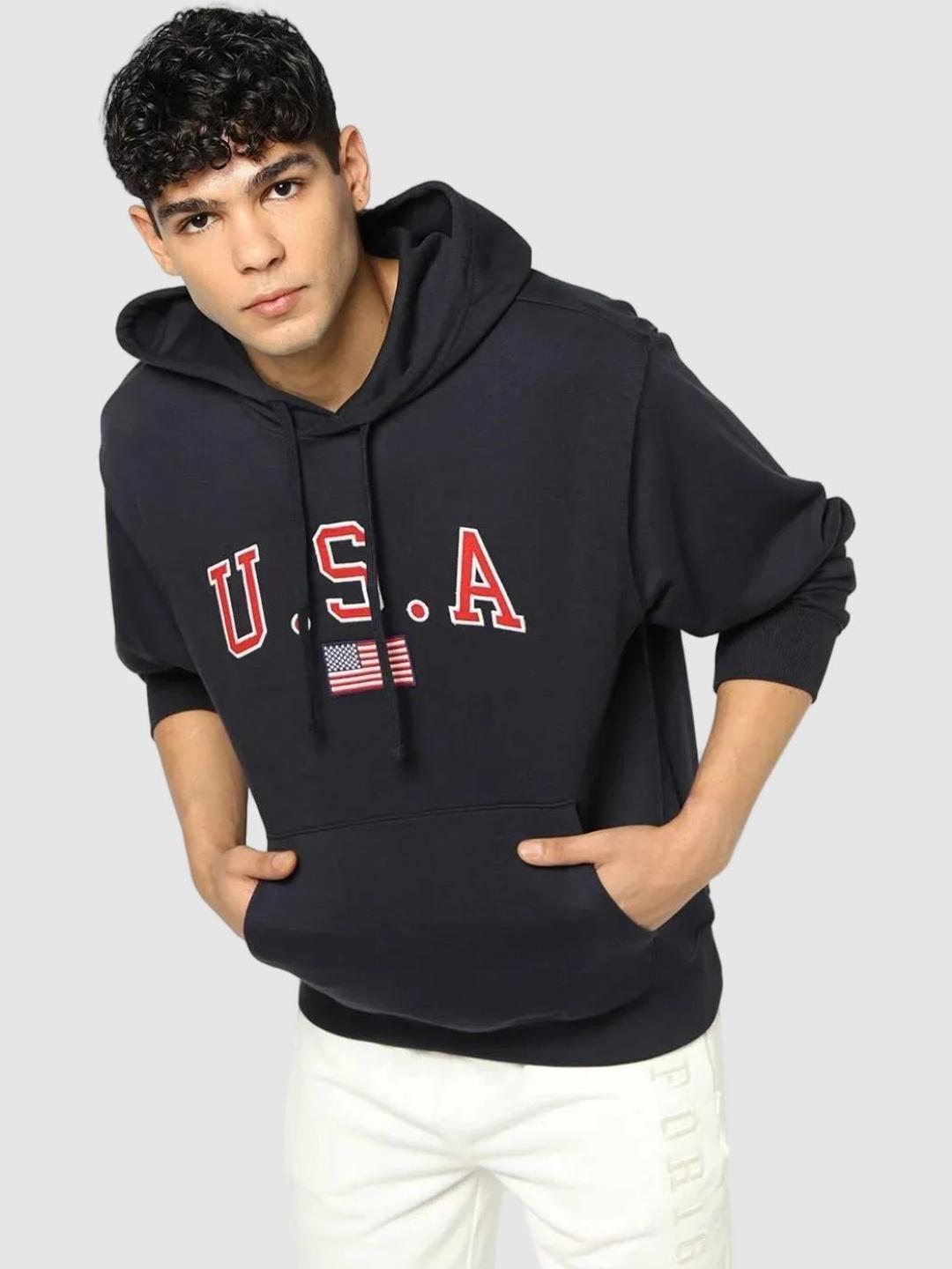 Men's Grey Typography Printed Cotton Hooded Sweatshirt
