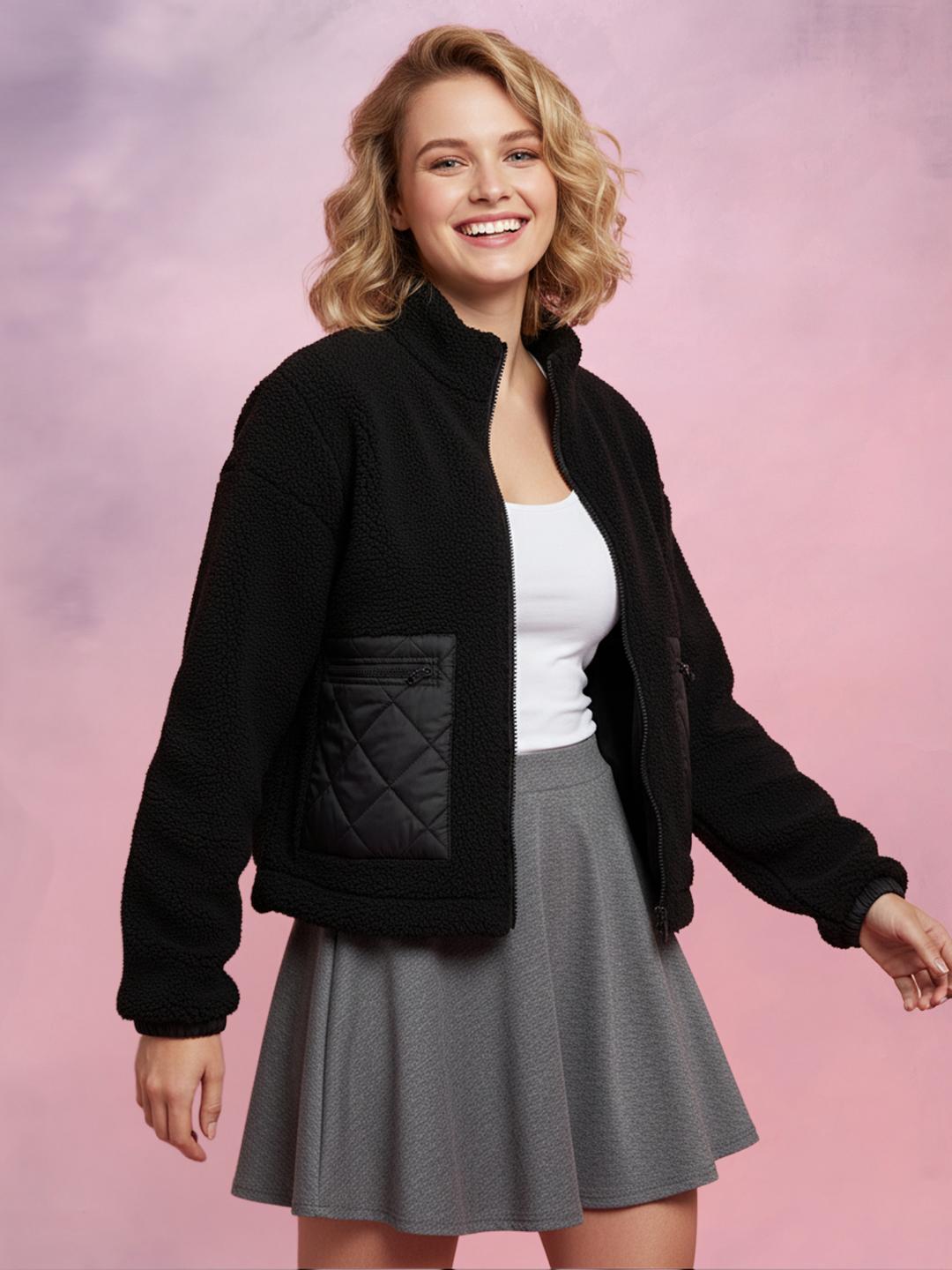 DressBerry Mock Collar Drop-Shoulder Sleeves Sherpa Jacket