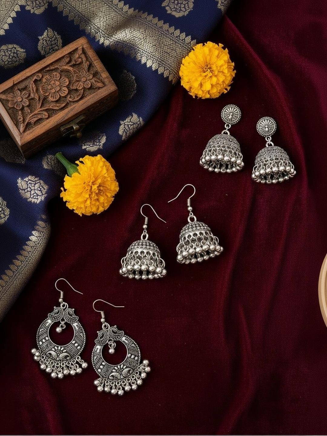 Buy SZN Women Set Of 3 Silver Toned Oxidised Dome Shaped Jhumka Earrings -  - Accessories for Women