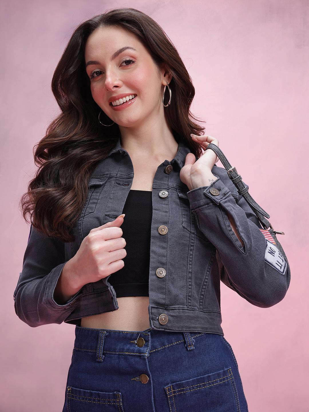 DressBerry Typography Patchwork Detail Crop Denim Jacket