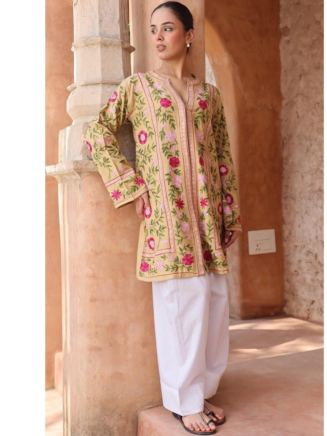 HOUSE OF KARI Women Floral Embroidered Woollen Open Front Jacket