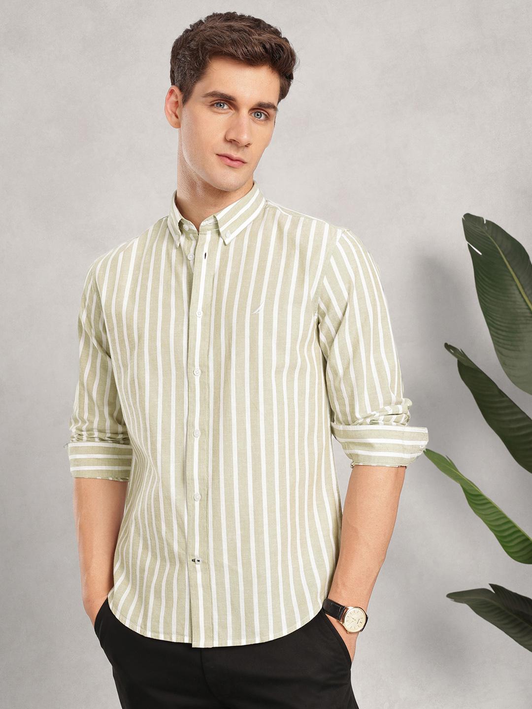 Nautica Slim Fit Vertical Stripes Button-Down Collar Cotton Linen Casual Shirt