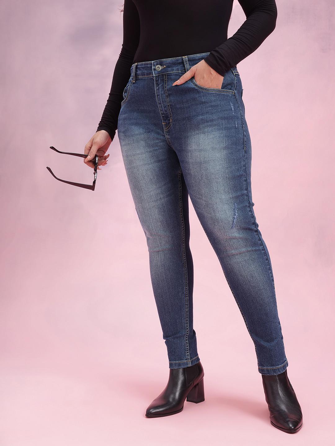 DressBerry Curve Plus Size Women Slim Fit High-Rise Mildly Distressed Heavy Fade Jeans