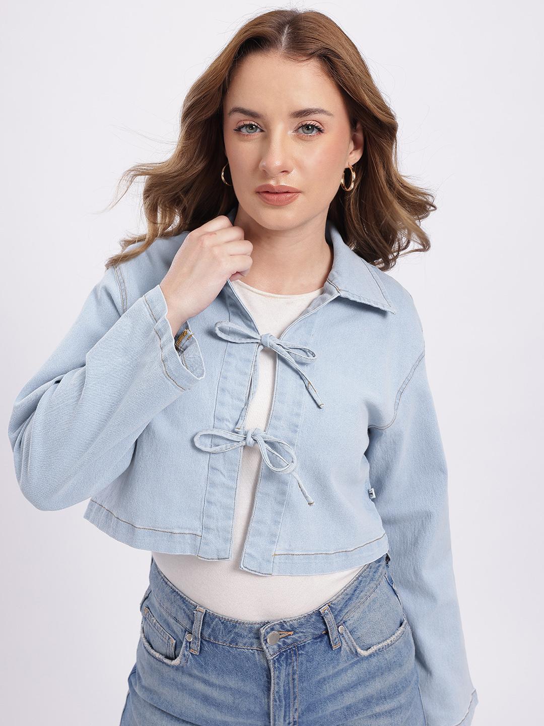 Buy Glitchez Spread Collar Crop Denim Jacket With Tie Up Closure ...