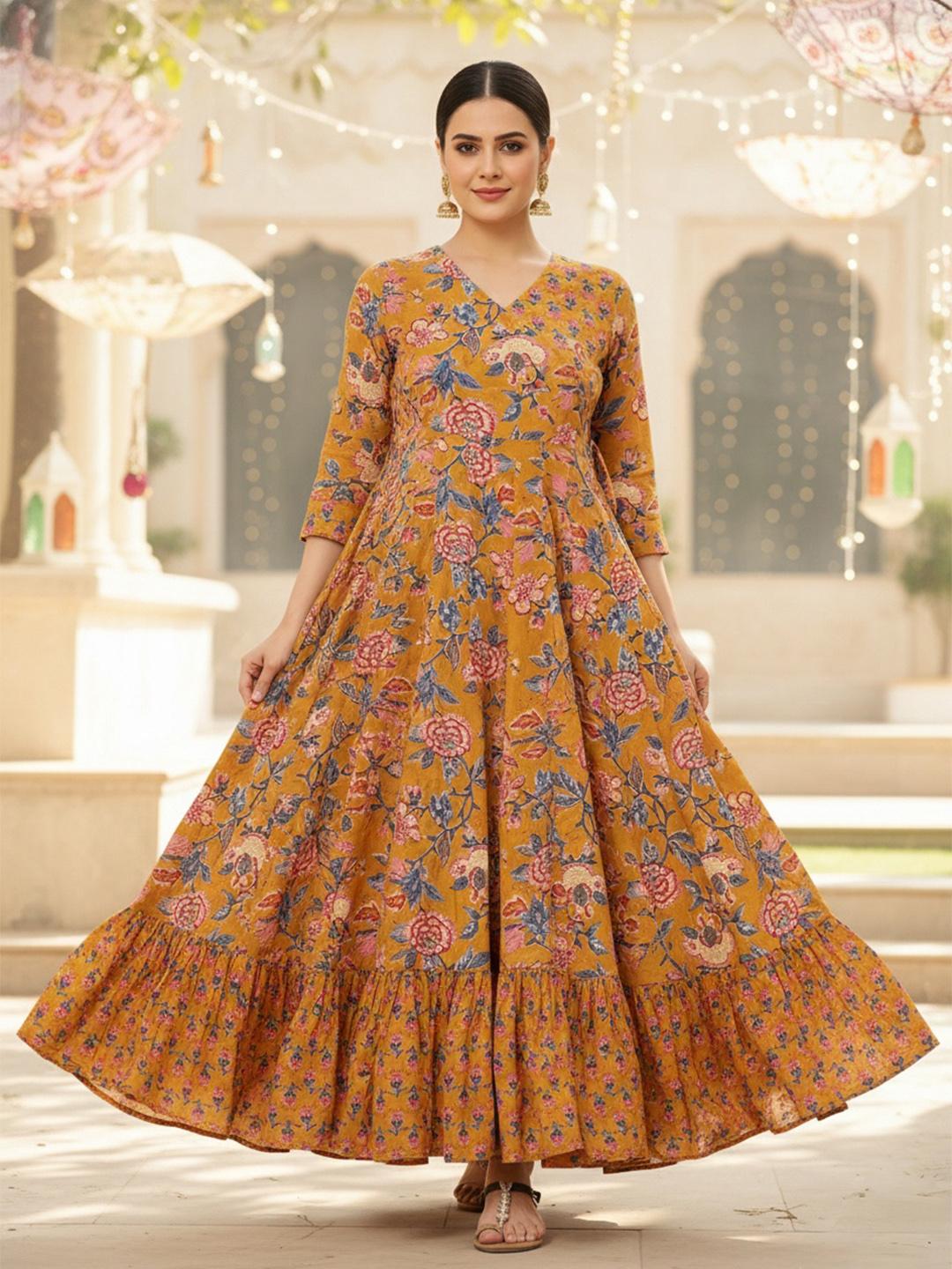 Sa Rasa Buy Sa Rasa Floral Printed V Neck Angrakha Pure Cotton Anarkali Kurta ...