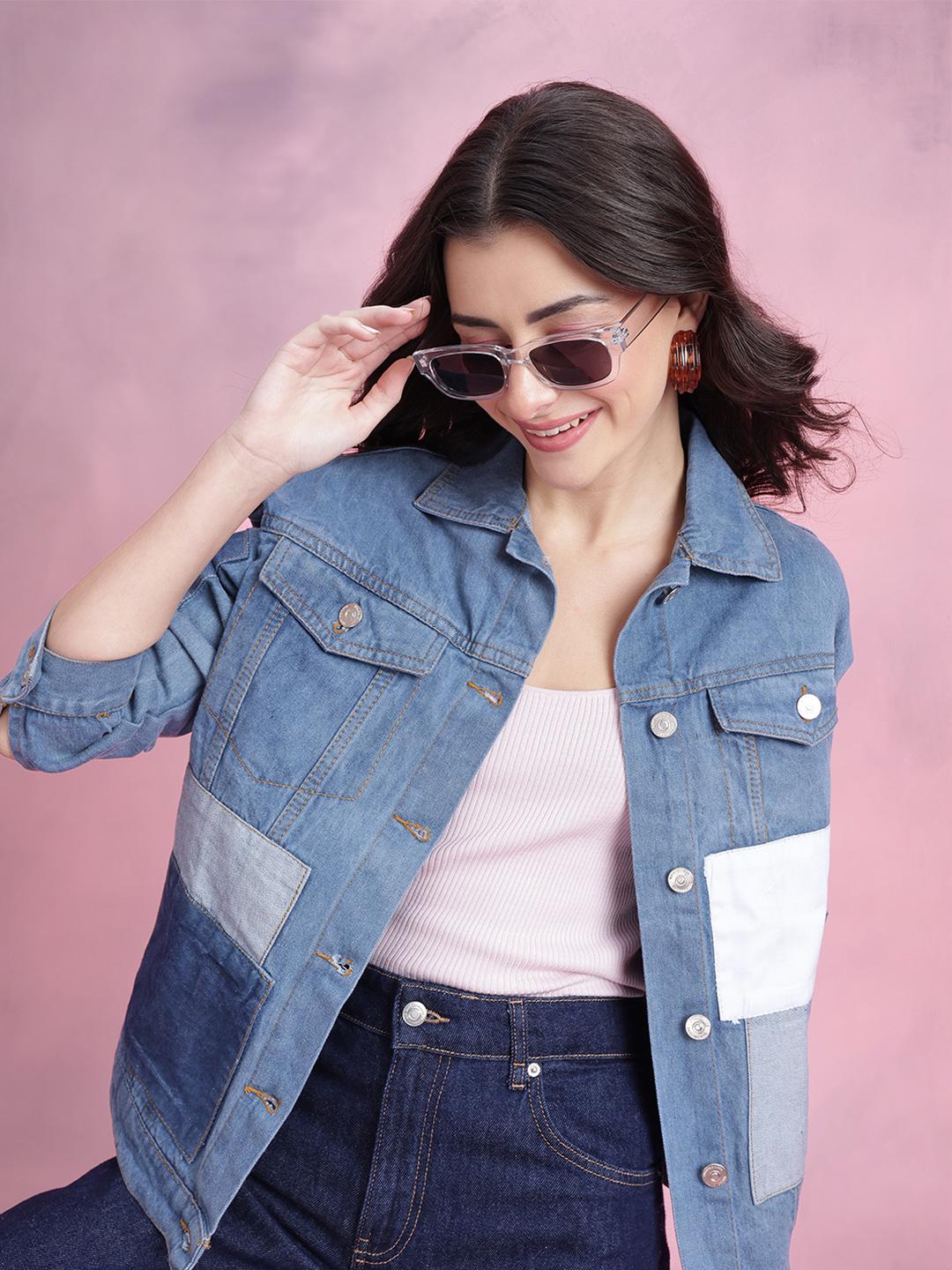 DressBerry Women Colourblocked Patchwork Pure Cotton Denim Jacket
