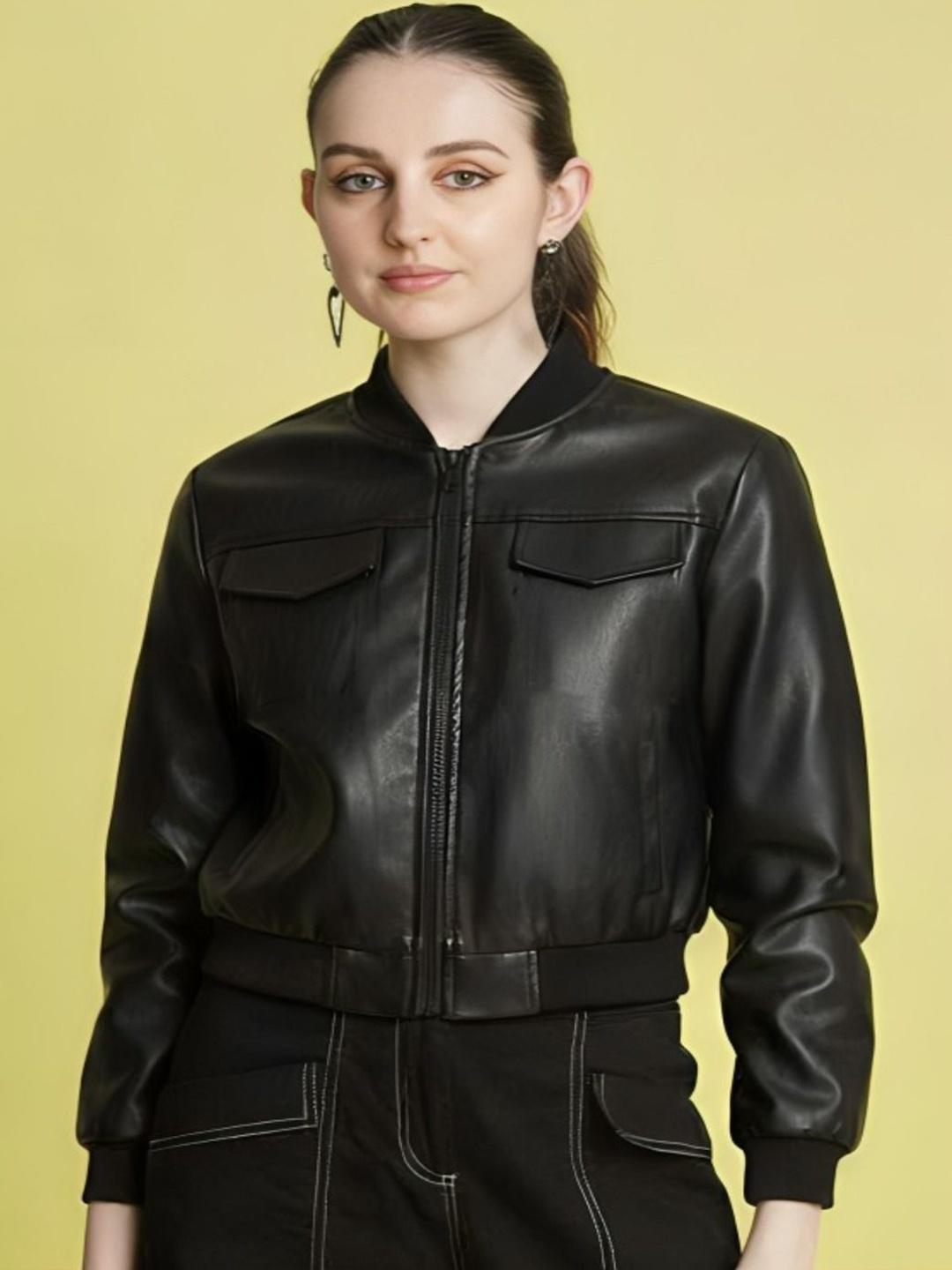 THE FASHION HUB Women Leather Water Resistant Bomber Jacket